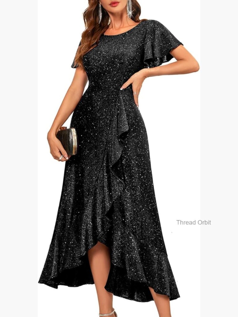 Sequin Formal Maxi Dress Flutter Sleeve Wedding Cocktail Evening Gown